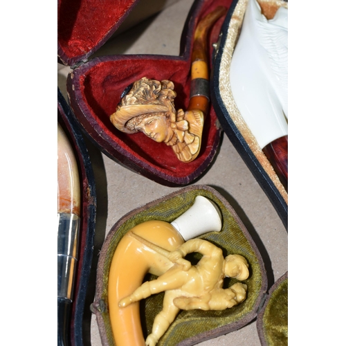 486 - A BOX CONTAINING THREE LATE 19TH / EARLY 20TH CENTURY MEERSCHAUM PIPES AND A LARGE REPRODUCTION MEER... 