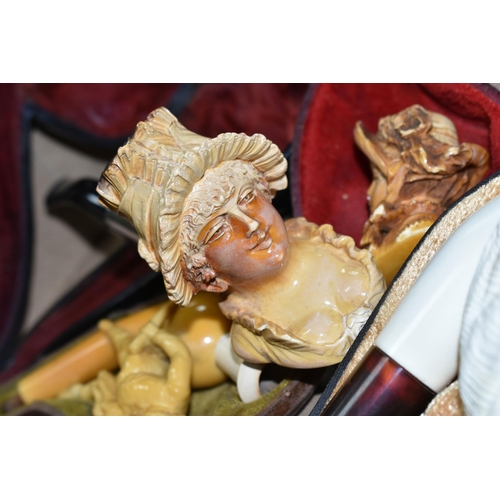 486 - A BOX CONTAINING THREE LATE 19TH / EARLY 20TH CENTURY MEERSCHAUM PIPES AND A LARGE REPRODUCTION MEER... 