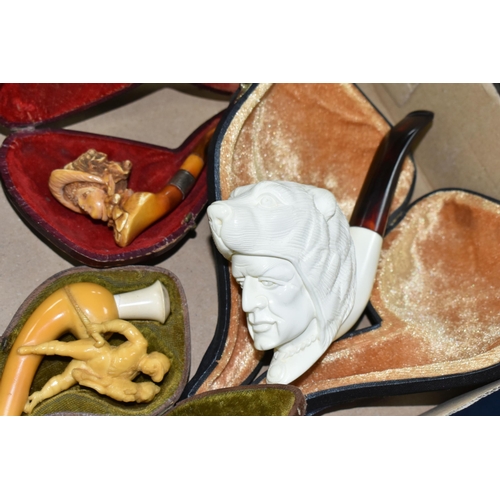 486 - A BOX CONTAINING THREE LATE 19TH / EARLY 20TH CENTURY MEERSCHAUM PIPES AND A LARGE REPRODUCTION MEER... 