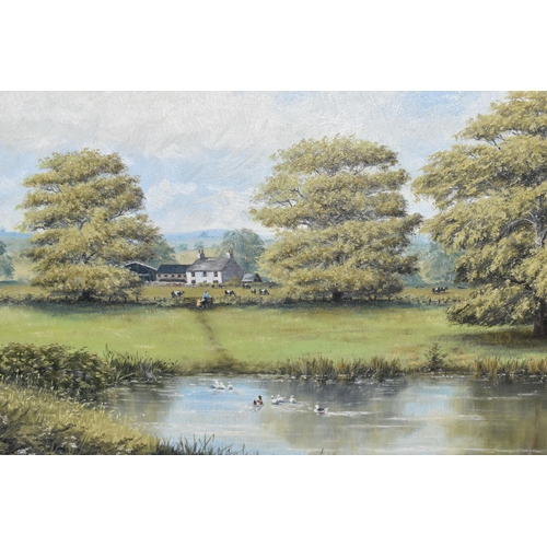 508 - JOHN D. ROBERTS (BRITISH CONTEMPORARY) AN ENGLISH SCHOOL LANDSCAPE, having a pond with ducks to the ... 