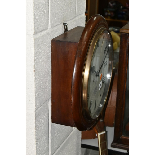 509 - A MAHOGANY CASED CHIMING WALL CLOCK, having a painted dial with roman numeral hour markers, approxim... 