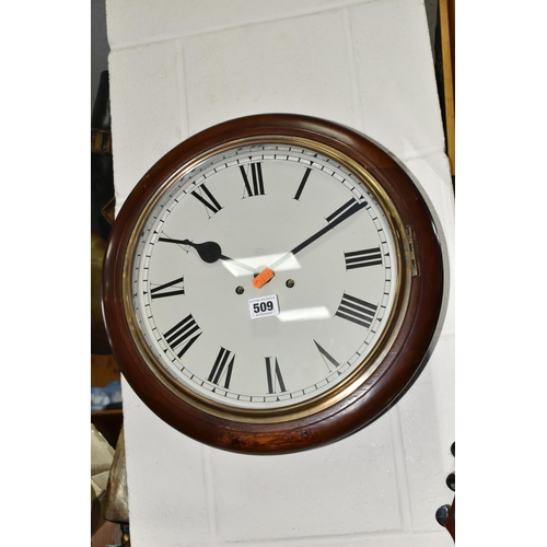 509 - A MAHOGANY CASED CHIMING WALL CLOCK, having a painted dial with roman numeral hour markers, approxim... 