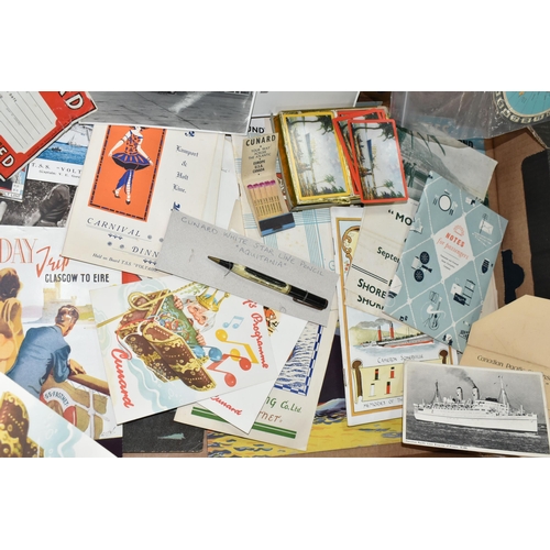 512 - TWO BOXES CONTAINING VINTAGE TRAVEL EPHEMERA, Companies including Cunard, P & O, Clyde Shipping, Far... 