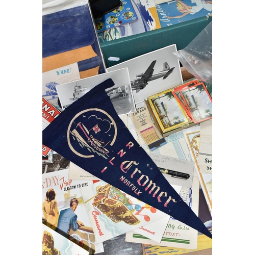 512 - TWO BOXES CONTAINING VINTAGE TRAVEL EPHEMERA, Companies including Cunard, P & O, Clyde Shipping, Far... 