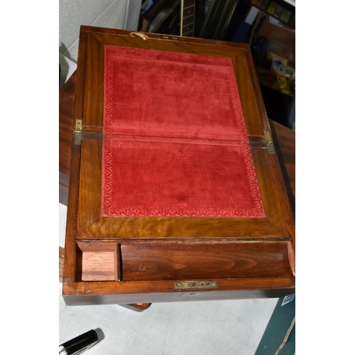 513 - TWO WRITING BOXES AND A WOODEN PENCIL BOX, comprising a writing box with red velvet writing surface,... 