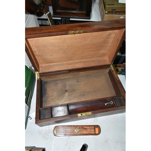 513 - TWO WRITING BOXES AND A WOODEN PENCIL BOX, comprising a writing box with red velvet writing surface,... 