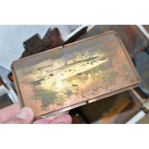 519 - A QUANTITY OF COPPER PLATE PHOTOGRAPHIC BLOCKS, 74 plates, some with negatives attached, many relati... 