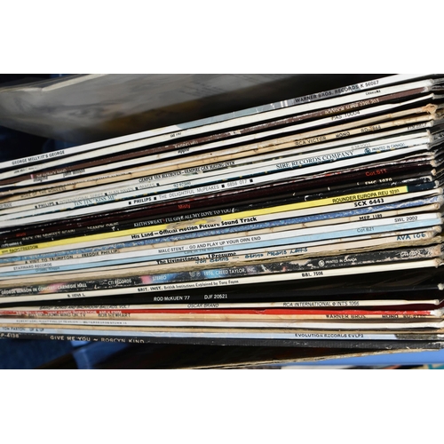 521 - TWO BOXES OF RECORDS, to include thirty six LPs and 12'' singles, and approximately ninety singles, ... 