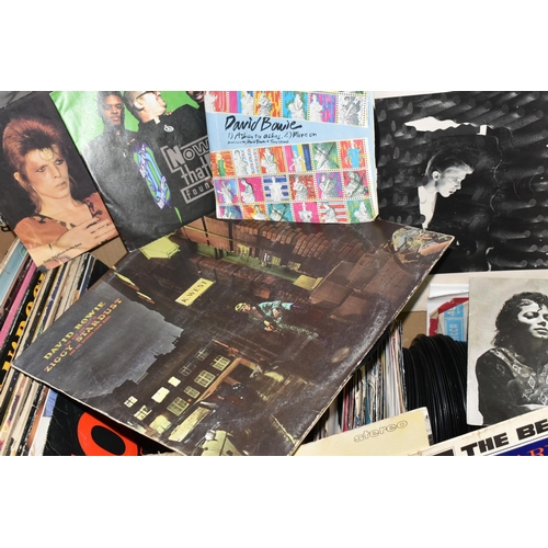 526 - TWO BOXES OF L.P AND SINGLE 45RPM RECORDS, over thirty L.P records to include David Bowie re-issue a... 