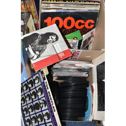 526 - TWO BOXES OF L.P AND SINGLE 45RPM RECORDS, over thirty L.P records to include David Bowie re-issue a... 