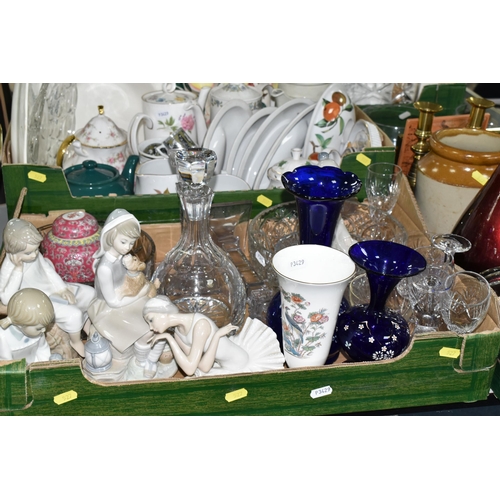 527 - THREE BOXES OF METALWARE AND CERAMICS, to include two glass bowls to commemorate the  Royal Wedding ... 