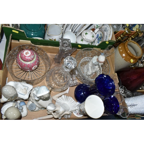 527 - THREE BOXES OF METALWARE AND CERAMICS, to include two glass bowls to commemorate the  Royal Wedding ... 