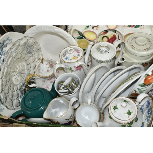 527 - THREE BOXES OF METALWARE AND CERAMICS, to include two glass bowls to commemorate the  Royal Wedding ... 