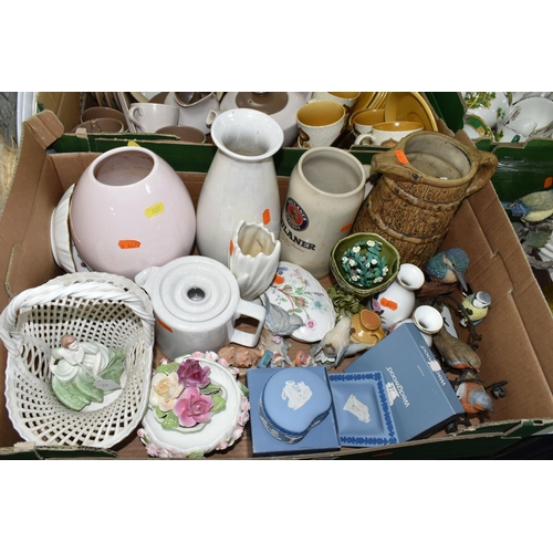 529 - THREE BOXES OF CERAMICS AND TEAWARE, to include a Sylvac butter dish 3986, a Poole Pottery twin tone... 