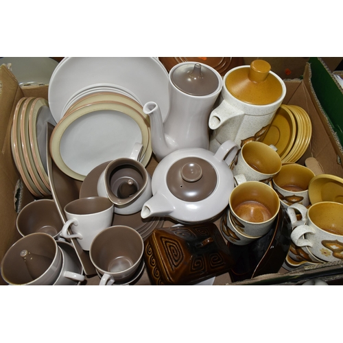 529 - THREE BOXES OF CERAMICS AND TEAWARE, to include a Sylvac butter dish 3986, a Poole Pottery twin tone... 