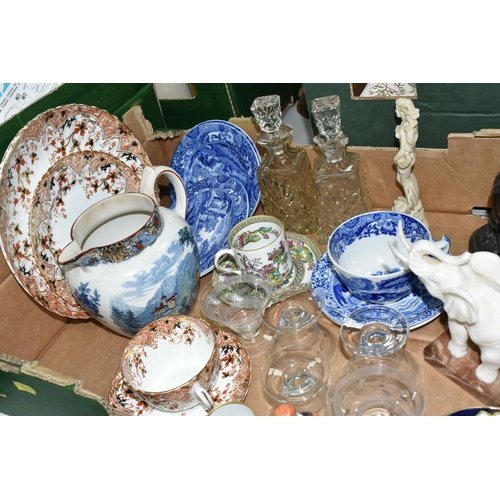 530 - TWO BOXES OF CERAMICS AND GLASSWARE, to include a Lorna Bailey 'Sunburst' wall pocket, two Losolware... 