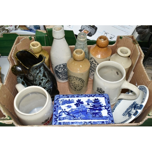 536 - TWO BOXES AND LOOSE CERAMICS, to include a large Eastgate Pottery 'Fauna' jug, height 28cm, an orien... 