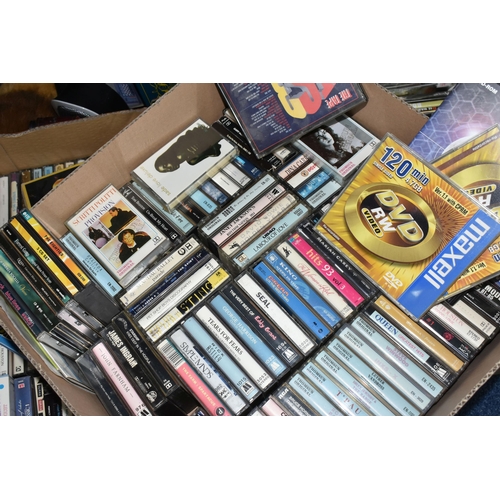 545 - FIVE BOXES AND LOOSE DVDS, CASSETTE TAPES, GAMES, PICTURES AND SUNDRY ITEMS, to include approximatel... 