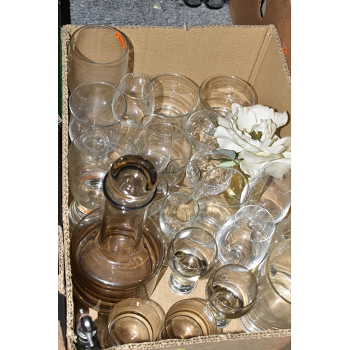 560 - FIVE BOXES OF GLASSWARE AND CERAMICS, to include a Royal Doulton 'Nina' figurine HN2347, a triangula... 