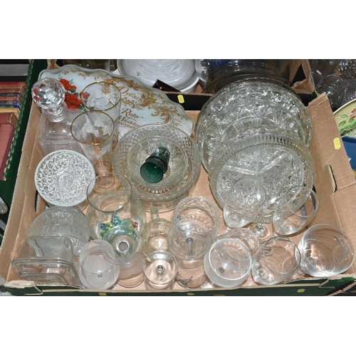 560 - FIVE BOXES OF GLASSWARE AND CERAMICS, to include a Royal Doulton 'Nina' figurine HN2347, a triangula... 