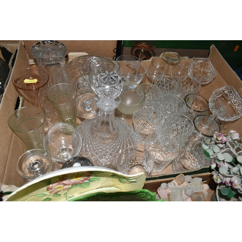 560 - FIVE BOXES OF GLASSWARE AND CERAMICS, to include a Royal Doulton 'Nina' figurine HN2347, a triangula... 