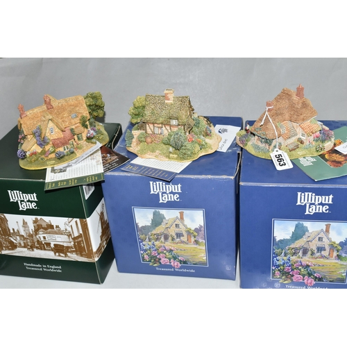 563 - THREE BOXED LILLIPUT LANE ANNIVERSARY COTTAGES, comprising Gertrudes Garden 1995 (leaflet), Cruck En... 