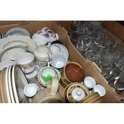 570 - SIX BOXES OF CERAMICS AND GLASSWARE, to include mid-twentieth century dinnerware, oven dishes, table... 