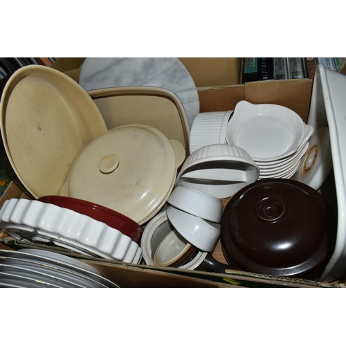 570 - SIX BOXES OF CERAMICS AND GLASSWARE, to include mid-twentieth century dinnerware, oven dishes, table... 