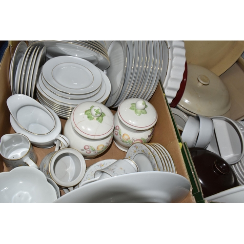 570 - SIX BOXES OF CERAMICS AND GLASSWARE, to include mid-twentieth century dinnerware, oven dishes, table... 