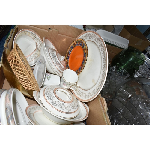 570 - SIX BOXES OF CERAMICS AND GLASSWARE, to include mid-twentieth century dinnerware, oven dishes, table... 