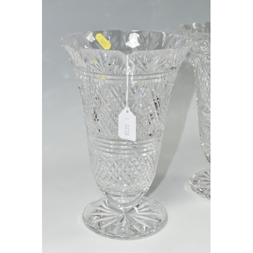 571 - A PAIR OF WATERFORD CUT CRYSTAL 'DIAMOND & FAN' DESIGN VASES, height 16cm (2) (Condition Report: one... 