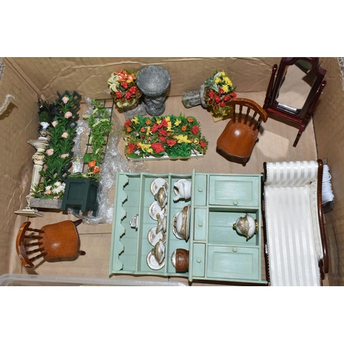 572 - THREE BOXES OF DOLLS HOUSE FURNITURE AND ACCESSORIES, to include a work bench with tools, Victorian/... 