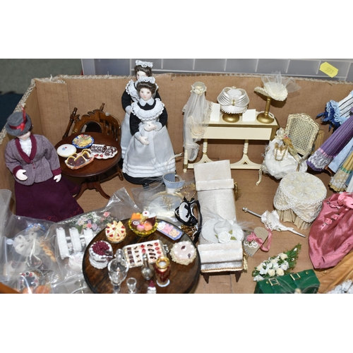 573 - FOUR BOXES OF DOLLS HOUSE FURNITURE AND ACCESSORIES, to include a milliner's shop with work bench se... 