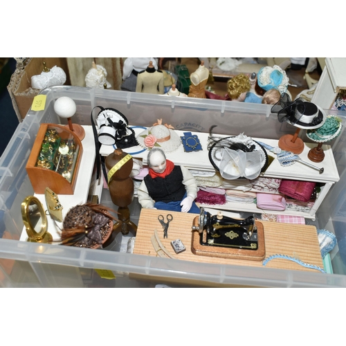 573 - FOUR BOXES OF DOLLS HOUSE FURNITURE AND ACCESSORIES, to include a milliner's shop with work bench se... 