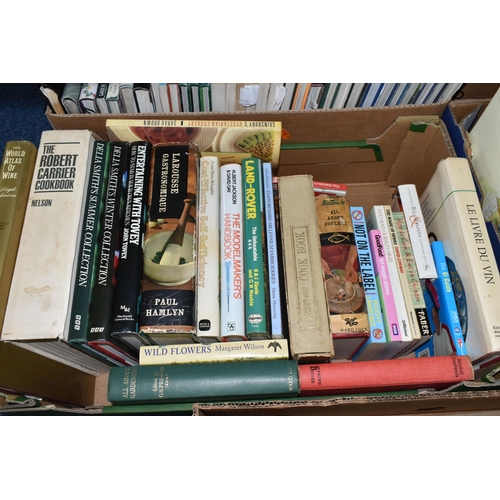 574 - FIVE BOXES OF BOOKS containing approximately 150 titles in hardback and paperback formats on Cookery... 