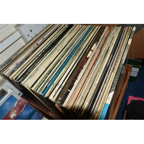 582 - EIGHT BOXES AND LOOSE METALWARES, RECORDS, CDS AND SUNDRY HOMEWARES, to include brass candlesticks, ... 