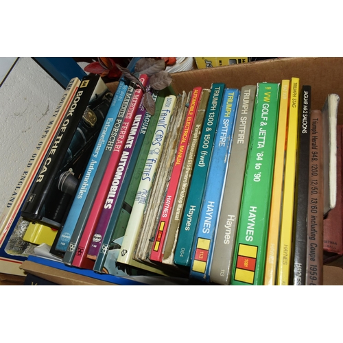 589 - FOUR BOXES OF BOOKS, MAPS AND ATLASES, subjects include Motoring including Haynes Manuals, British a... 