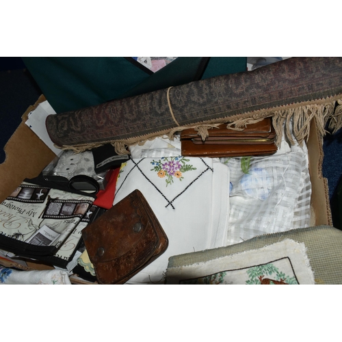 590 - TWO BOXES OF HABERDASHERY, LINENS AND SUNDRY ITEMS, to include vintage buttons, lace, threads, pins,... 