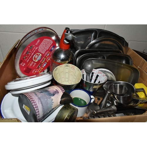 596 - FIVE BOXES AND LOOSE METAL WARES AND SUNDRY ITEMS, to include vintage advertising tins and other pac... 