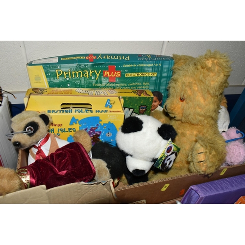 604 - FOUR BOXES OF TOYS AND GAMES ETC, to include soft toys, Top Trumps cards, Charlet Moser climbing axe... 