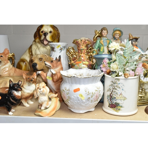 606 - DECORATIVE CERAMICS AND CLOCKS ETC, to include Coopercraft dogs, Beswick 'Black Prince' corgi with c... 