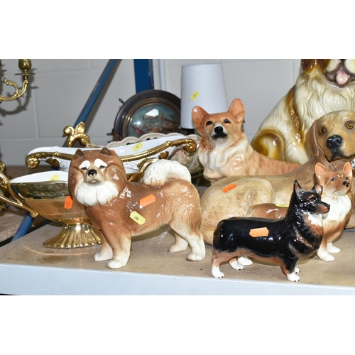 606 - DECORATIVE CERAMICS AND CLOCKS ETC, to include Coopercraft dogs, Beswick 'Black Prince' corgi with c... 