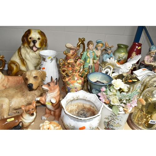 606 - DECORATIVE CERAMICS AND CLOCKS ETC, to include Coopercraft dogs, Beswick 'Black Prince' corgi with c... 