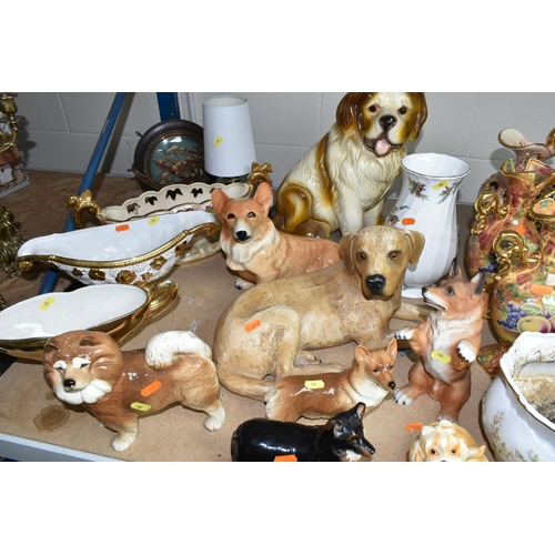 606 - DECORATIVE CERAMICS AND CLOCKS ETC, to include Coopercraft dogs, Beswick 'Black Prince' corgi with c... 