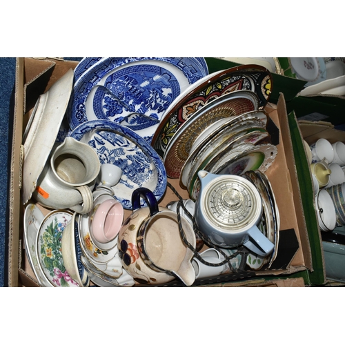 609 - SIX BOXES OF CERAMICS AND GLASS WARES, to include a Russell Hobbs electric coffee pot, Empire Crinol... 