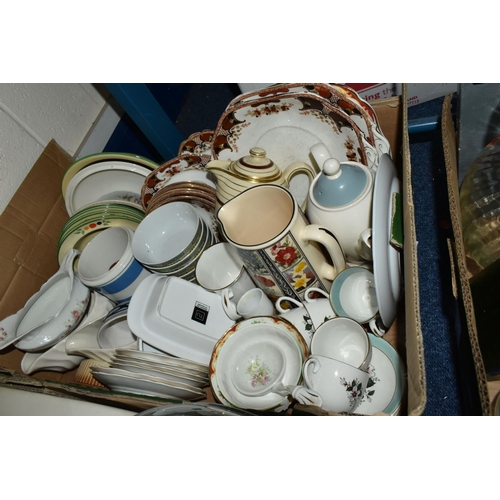 609 - SIX BOXES OF CERAMICS AND GLASS WARES, to include a Russell Hobbs electric coffee pot, Empire Crinol... 