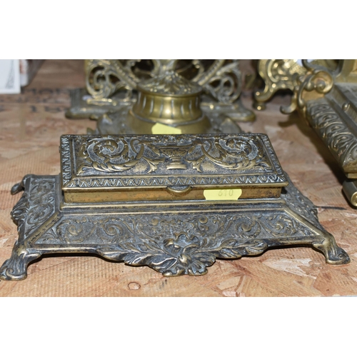 610 - A GROUP OF BRASS WARE, comprising an gilt Rococo style  mantel clock, bell striking mechanism stampe... 