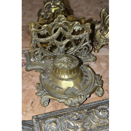 610 - A GROUP OF BRASS WARE, comprising an gilt Rococo style  mantel clock, bell striking mechanism stampe... 