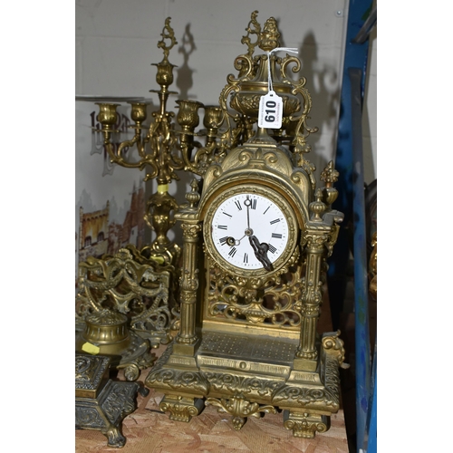 610 - A GROUP OF BRASS WARE, comprising an gilt Rococo style  mantel clock, bell striking mechanism stampe... 