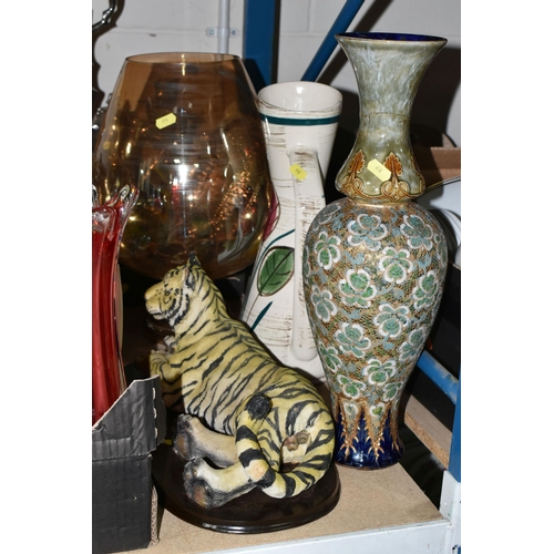 616 - TWO BOXES AND LOOSE CERAMICS AND GLASS ETC, to include a ruby red overlaid glass vase possibly by Eg... 